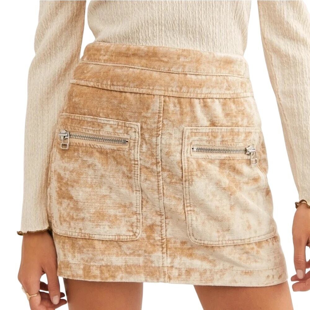 Free People Dust to Dust Beige Crushed Velvet Boho Chic Y2K Fall Mini Skirt